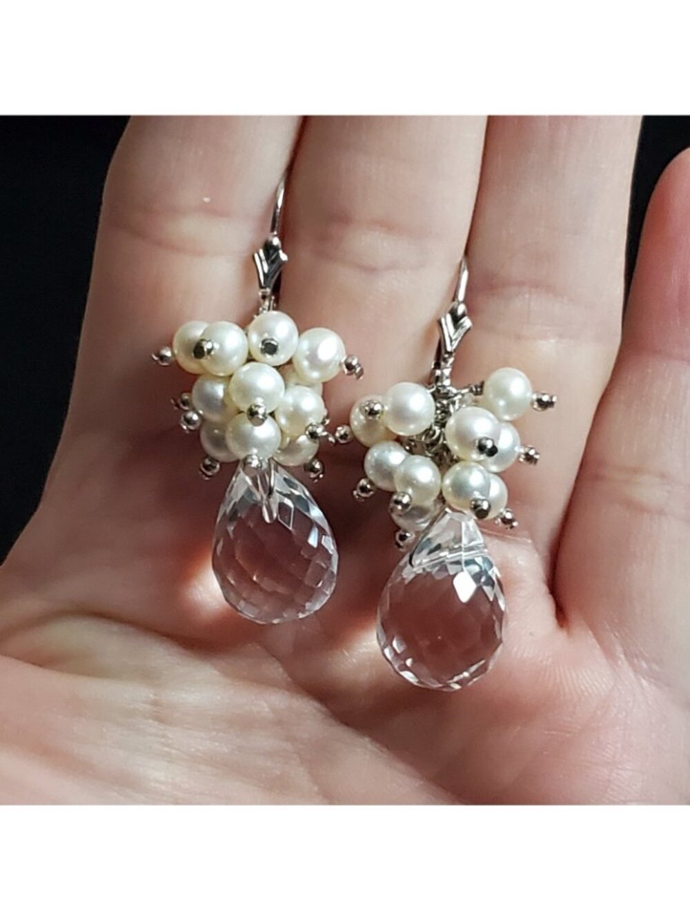 Sterling Silver ChaCha Earrings Crystal Faux Pearl Dangle 1.5" - Picture 3 of 5